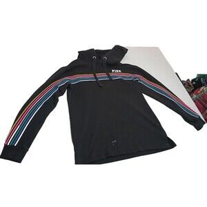 Victoria’s Secret PINK Black  Hoodie Rainbow Stripe Small Pullover Sweatshirt